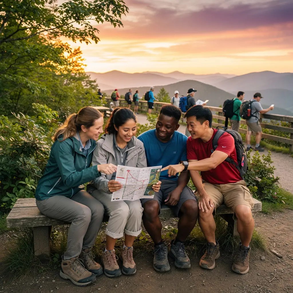 Widok na zachód słońca nad jeziorem z otaczającymi go górami.